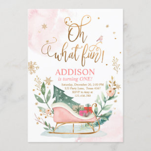 Oh What Fun Winter Sleigh 1st Birthday Invitation