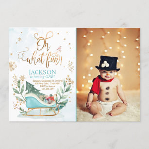 Oh What Fun Winter Sleigh Boy 1st Birthday Invitation