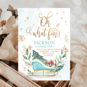 Oh What Fun Winter Sleigh Boy 1st Birthday Invitation