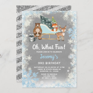 Oh What Fun Woodland Animal Snowflakes Sleigh Invitation