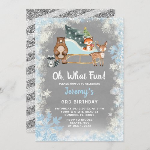 Oh What Fun Woodland Animal Snowflakes Sleigh  Invitation