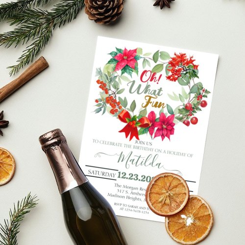 Oh What Fun Wreath Christmas Birthday Party  Invitation