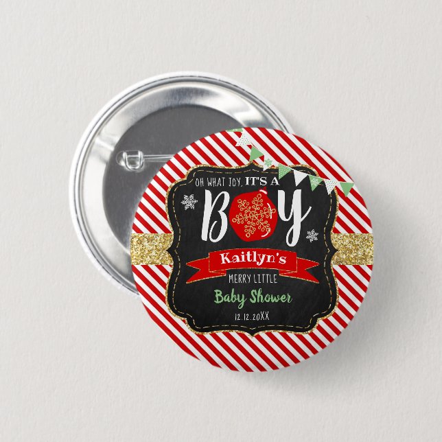 "Oh What Joy, It's A Boy!" Christmas Baby Shower Button (Front & Back)
