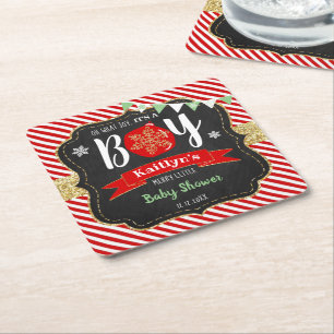 "Oh What Joy, It's A Boy!" Christmas Baby Shower Square Paper Coaster
