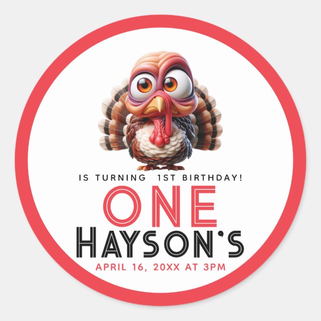 Oh what's fun Caricatures  Turkey 1st Birthday Classic Round Sticker (Front)