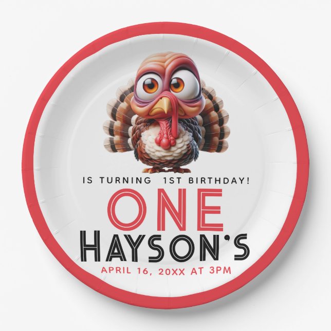 Oh what's fun Caricatures  Turkey 1st Birthday Paper Plates (Front)