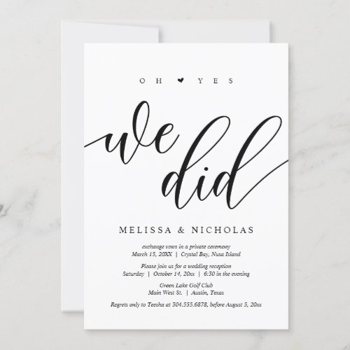 Oh Yes We did Black Wedding Elopement Party Invitation