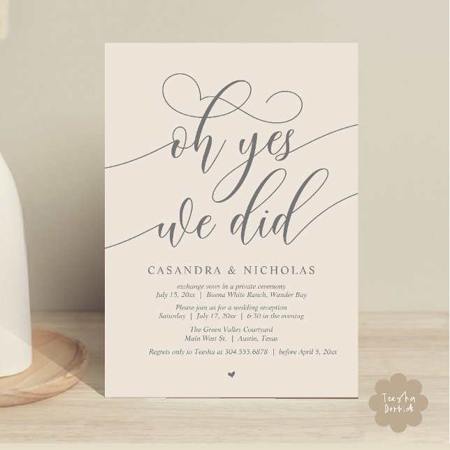 Oh Yes, We Did, Modern Elopement Dinner Invitation (Oh Yes, We Did, Modern Romantic Modern Wedding Reception Invitation Card PDF Classy Cream Grey)
