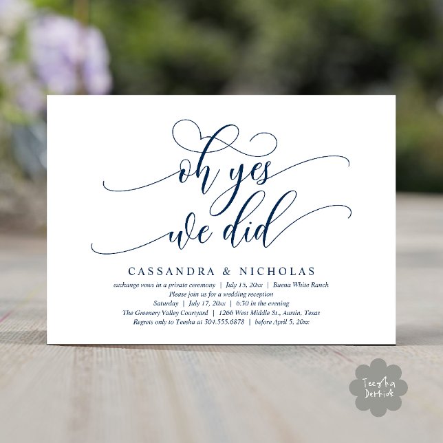 Oh Yes, We Did, Modern Romantic Wedding Reception Invitation (Oh Yes, We Did, Modern Romantic Modern Wedding Reception Invitation Card PDF Classy Navy Blue)