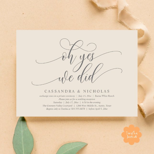 Oh Yes, We Did, Modern Romantic Wedding Reception Invitation (Oh Yes, We Did, Modern Romantic Modern Wedding Reception Invitation Card PDF Classy Cream Grey)