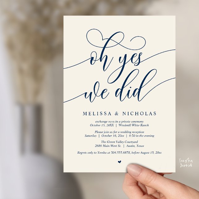 Oh Yes We Did Modern Script Elopement Announcement (Oh Yes We Did Modern Creative Script Elopement Announcement Dinner Card in Navy Blue Ivory)