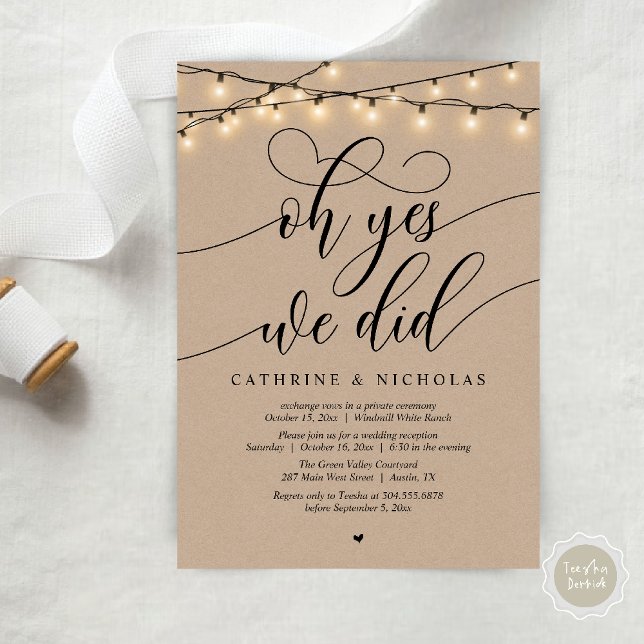 Oh Yes, We Did, Modern Script Wedding Reception Invitation (Oh Yes, We Did, Modern Script Wedding Reception Invitation Card PDF Brown Kraft String Lights)