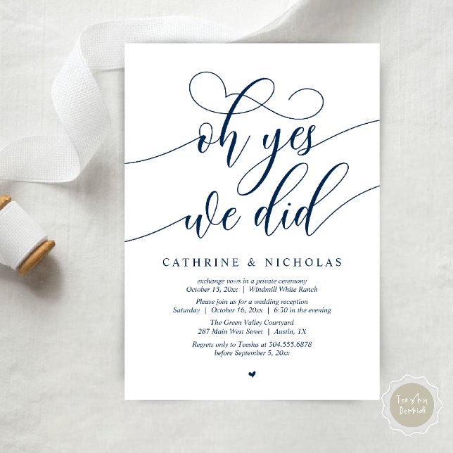 Oh Yes, We Did, Modern Script Wedding Reception Invitation (Oh Yes, We Did, Modern Script Wedding Reception Invitation Card PDF Navy Blue)