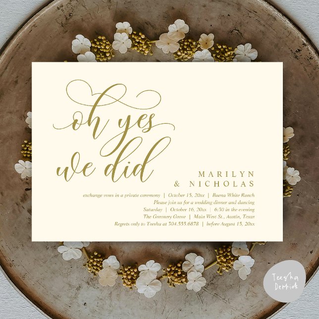 Oh Yes, We Did, Modern Wedding Dinner and Party Invitation (Oh Yes, We Did, Wedding Elopement Dinner Romantic Modern Party Invitation Card PDF Yellow Gold)