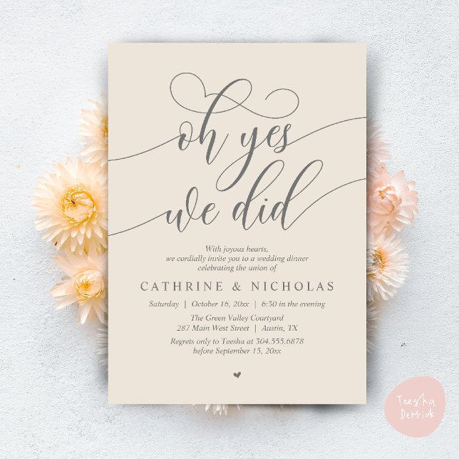 Oh Yes, We Did, Modern Wedding Elopement Dinner Invitation (Oh Yes, We Did, Modern Romantic Wedding Elopement Dinner Invitation Card in Cream Grey)