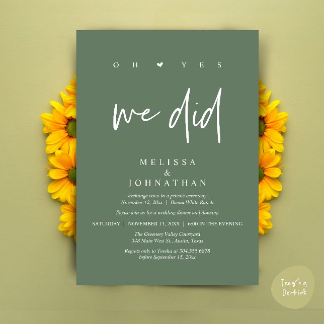 Oh Yes, We Did, Modern Wedding Elopement Dinner Invitation (Oh Yes, We Did, Modern Wedding Elopement Dinner Modern Clean Invitation Card PDF in Sage Green)