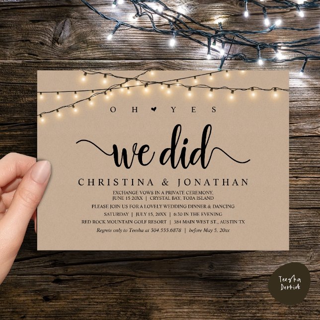 Oh Yes, We Did, Rustic Wedding Dinner Elopement Invitation (Oh Yes, We Did, Rustic Wedding Dinner Elopement Invitation Card, PDF, String Lights Brown Kraft)
