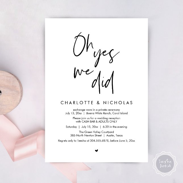 Oh Yes, We Did, Wedding Dinner Party Cash Bar Invitation (Oh Yes, We Did, Modern Wedding Elopement Reception Dinner Party Invites Card PDF White Black)