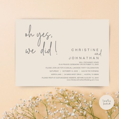 Oh Yes We Did Wedding Elopement Cream and Grey Invitation