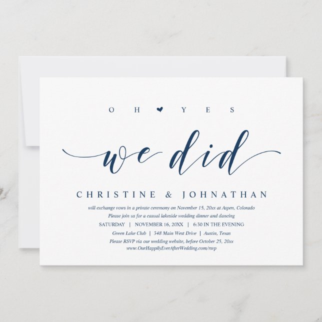 Oh Yes, We Did, Wedding Elopement Dinner Party Inv Invitation (Front)