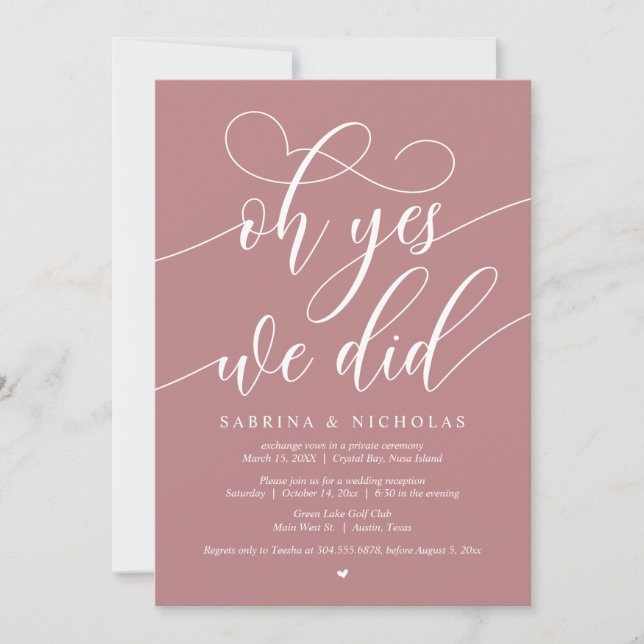 Oh Yes, We Did, Wedding Elopement Dinner Party Invitation (Front)