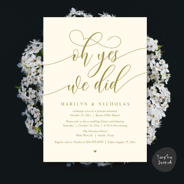 Oh Yes, We Did, Wedding Elopement Dinner Party Invitation (Oh Yes, We Did, Wedding Elopement Dinner Romantic Modern Party Invitation Card PDF Yellow Gold)