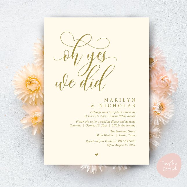 Oh Yes, We Did, Wedding Elopement Dinner Party Invitation (Oh Yes, We Did, Wedding Elopement Dinner Romantic Modern Party Invitation Card PDF Yellow Gold)