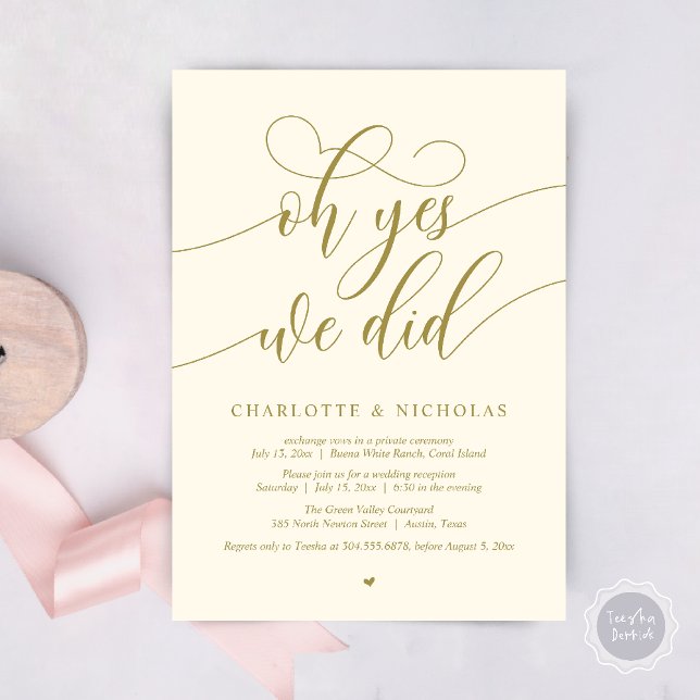Oh Yes, We Did, Wedding Elopement Dinner Party Invitation (Oh Yes, We Did, Modern Wedding Elopement Reception Dinner Party Invites Card PDF Yellow Gold)