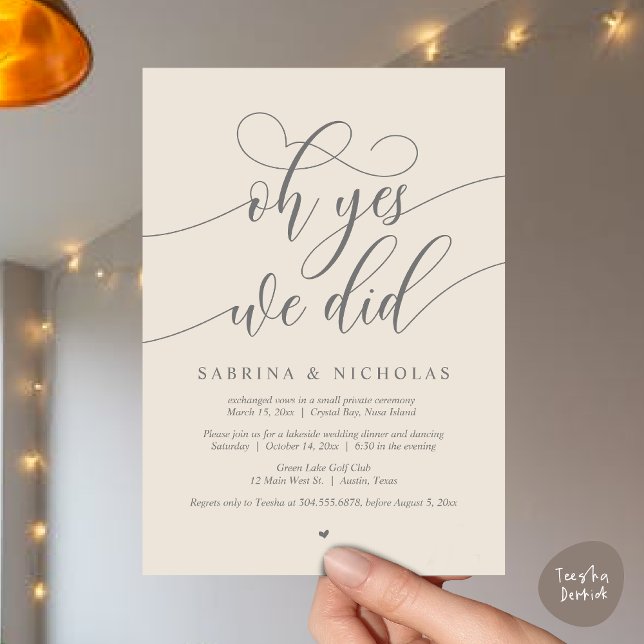 Oh Yes, We Did, Wedding Elopement Dinner Party Invitation (Oh Yes, We Did, Wedding Elopement Dinner Brunch Lunch Party Invites Card, PDF, Cream Grey)