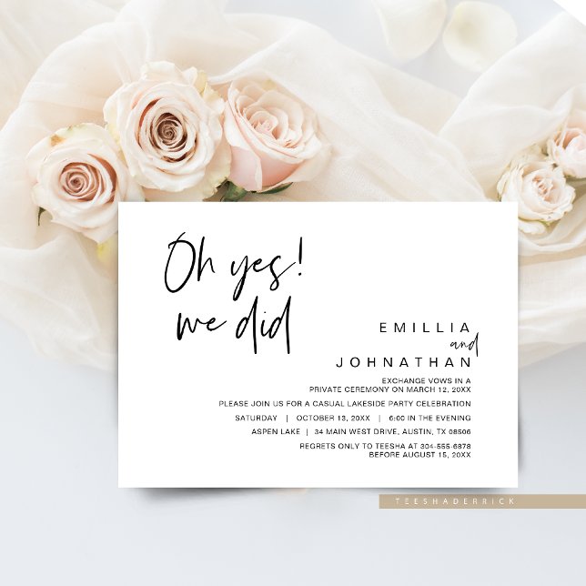 Oh Yes, We Did, Wedding Elopement Invitation (Oh Yes, We Did, Modern Romantic Wedding Elopement Dinner or Brunch Celebration Invitation Card)