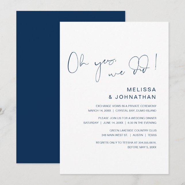 Oh yes, we did, Wedding Elopement Party, Navy Blue Invitation (Front/Back)