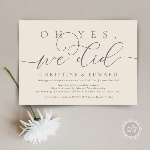 Oh Yes We Did Wedding Elopement Romantic Dinner  Invitation