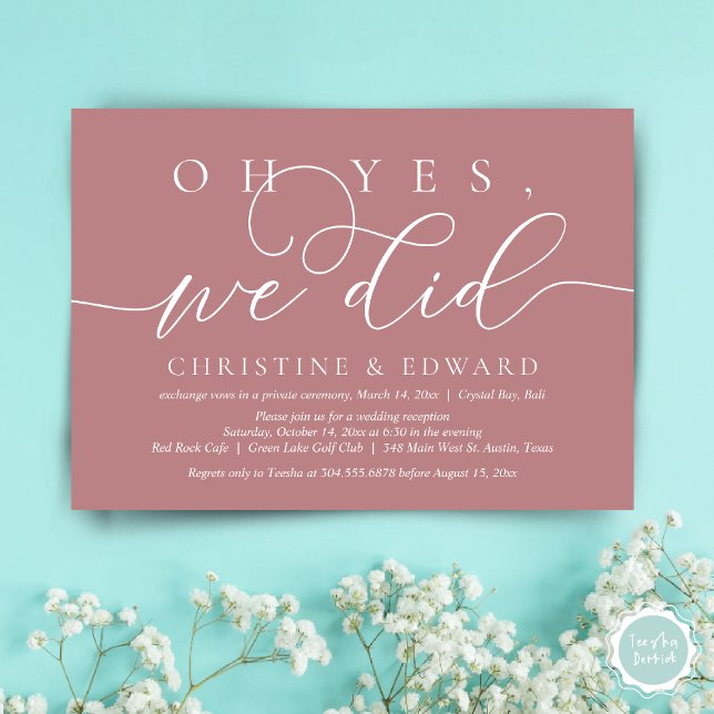 Oh Yes, We Did, Wedding Elopement Romantic Dinner  Invitation (Oh Yes, We Did, Wedding Elopement Dinner Invitation Card, PDF, Modern Romantic, in Dusty Rose Pink)