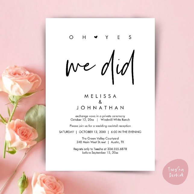 Oh yes we did, Wedding Reception Dinner Dancing Invitation (Oh yes we did, Modern Wedding Reception Dinner Dancing Minimalist Invitation Card PDF Black White)