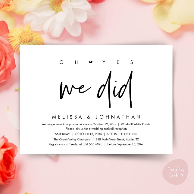 Oh yes we did, Wedding Reception Dinner Dancing Invitation (Oh yes we did, Modern Wedding Reception Dinner Dancing Minimalist Invitation Card PDF Black White)