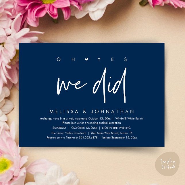 Oh yes we did, Wedding Reception Dinner Dancing Invitation (Oh yes we did, Modern Wedding Reception Dinner Dancing Minimalist Invitation Card PDF Navy Blue)