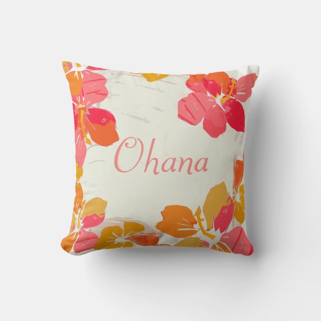 Ohana Hawaiian Family Hibiscus Throw Pillow (Front)