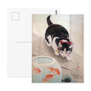 Ohara Koson Cat & Goldfish Bowl Japanese Painting Postcard