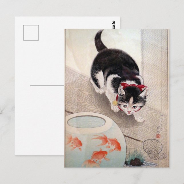 Ohara Koson Cat & Goldfish Bowl Japanese Painting Postcard (Front/Back)