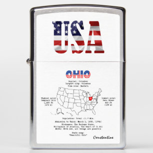 Ohio American state on a map and useful info Zippo Lighter