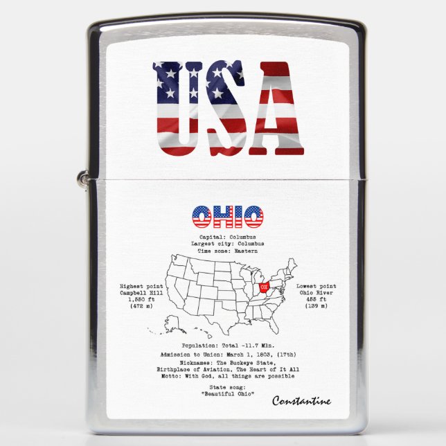 Ohio American state on a map and useful info Zippo Lighter (Front)