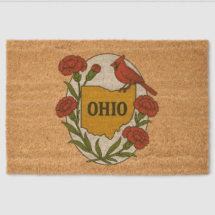 Ohio Carnations and Cardinal Retro Ohioan Flowers Fiber Doormat