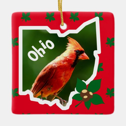 Ohio Christmas Ornament with Cardinal and Buckeyes