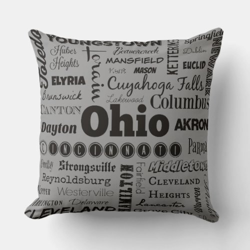 OHIO Cities in Gray and Black Throw Pillow