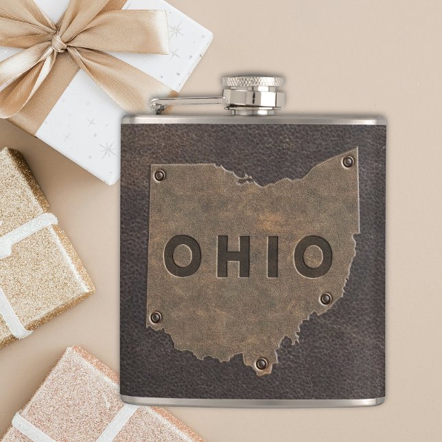 Ohio Faux Leather Monogrammed Flask (A masculine Ohio state map outline in faux leather makes this flask a perfect gift for groomsmen.)
