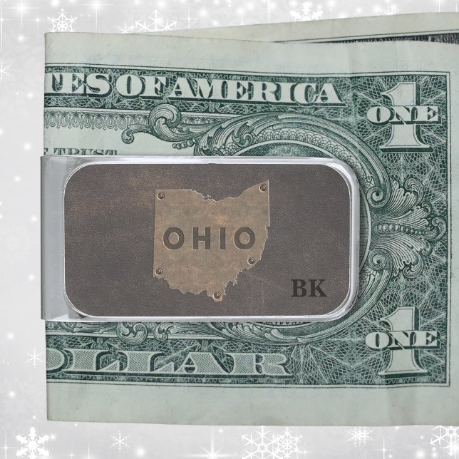 Ohio Faux Leather Monogrammed Silver Finish Money Clip (This monogrammed Ohio money clip is striking in faux brown leather and silver outline.)