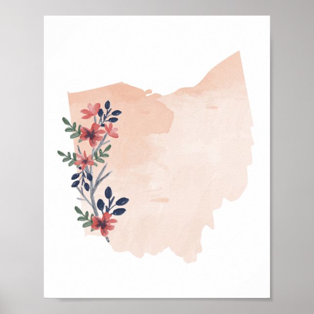 Ohio Floral Watercolor State Poster (Front)