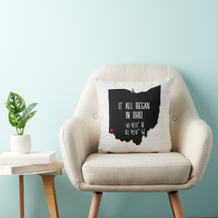 Ohio GPS Coordinates with Heart Throw Pillow