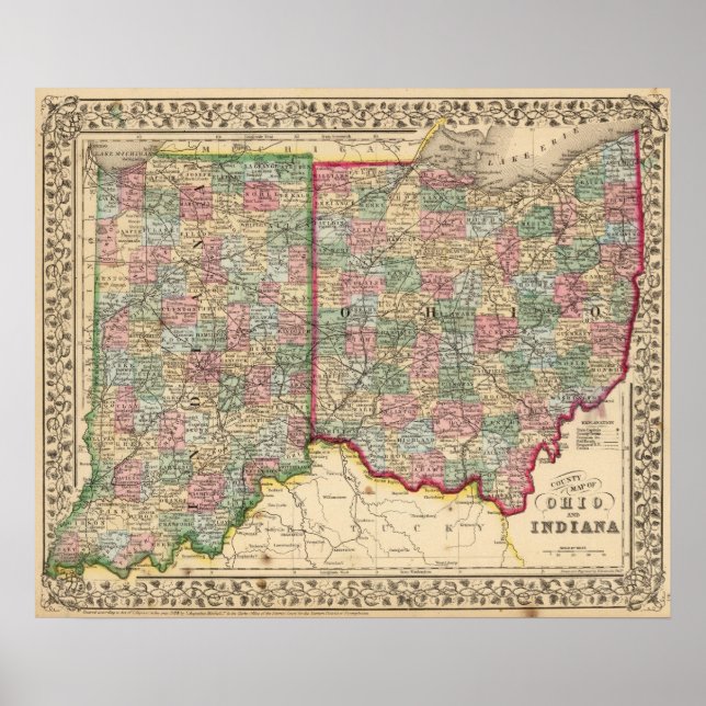 Ohio, Indiana Map by Mitchell Poster (Front)