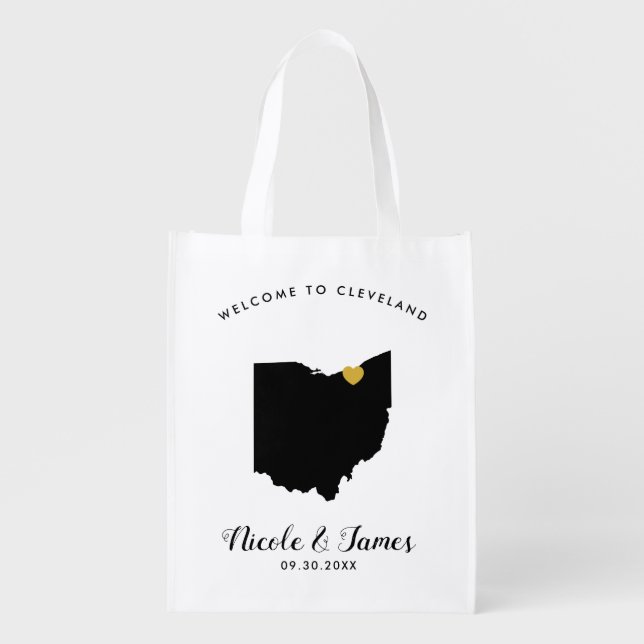 Ohio Map Wedding Welcome Bag, Black & Gold Tote (Front)